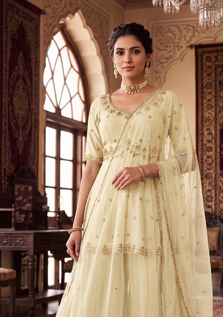 Cream Embroidered Handwork Sharara Set - Indya
