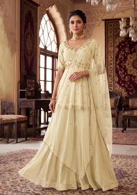 Cream Embroidered Handwork Sharara Set