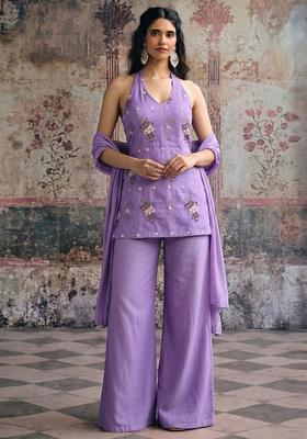 Lavender Purple Embroidered Chanderi Sharara Set