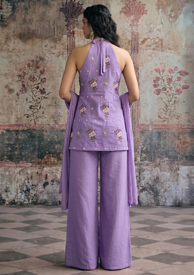 Lavender Purple Embroidered Chanderi Sharara Set - Indya