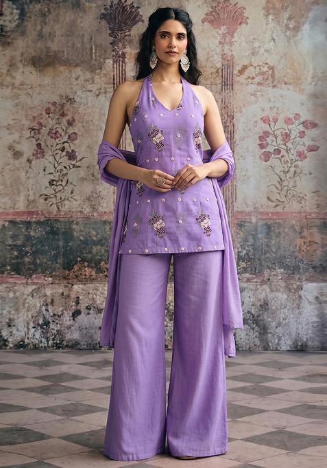 Lavender Purple Embroidered Chanderi Sharara Set