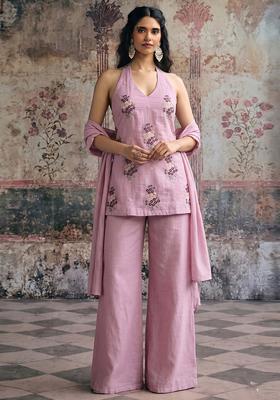 Dusty Pink Embroidered Chanderi Sharara Set