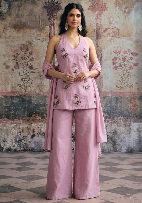 Dusty Pink Embroidered Chanderi Sharara Set
