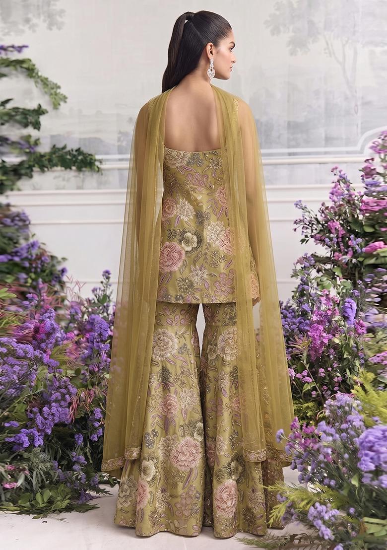 Olive Green Printed Chinon Sharara Set - Indya