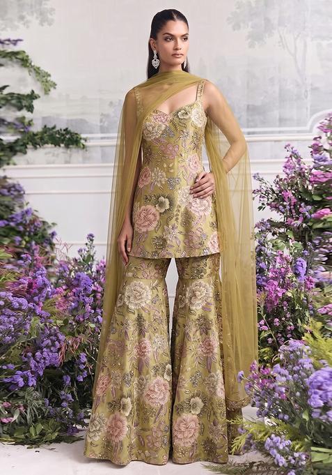 Olive Green Printed Chinon Sharara Set