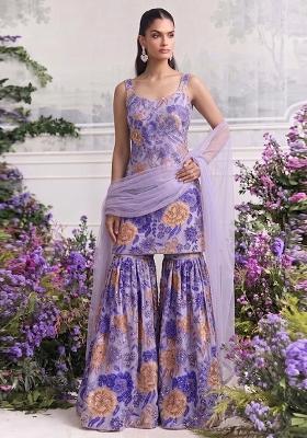 Lavender Purple Printed Chinon Sharara Set