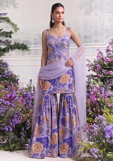 Lavender Purple Printed Chinon Sharara Set