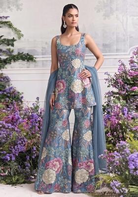 Steel Blue Printed Chinon Sharara Set