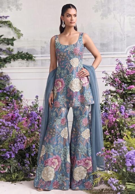 Steel Blue Printed Chinon Sharara Set