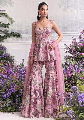 Dusty Pink Printed Chinon Sharara Set