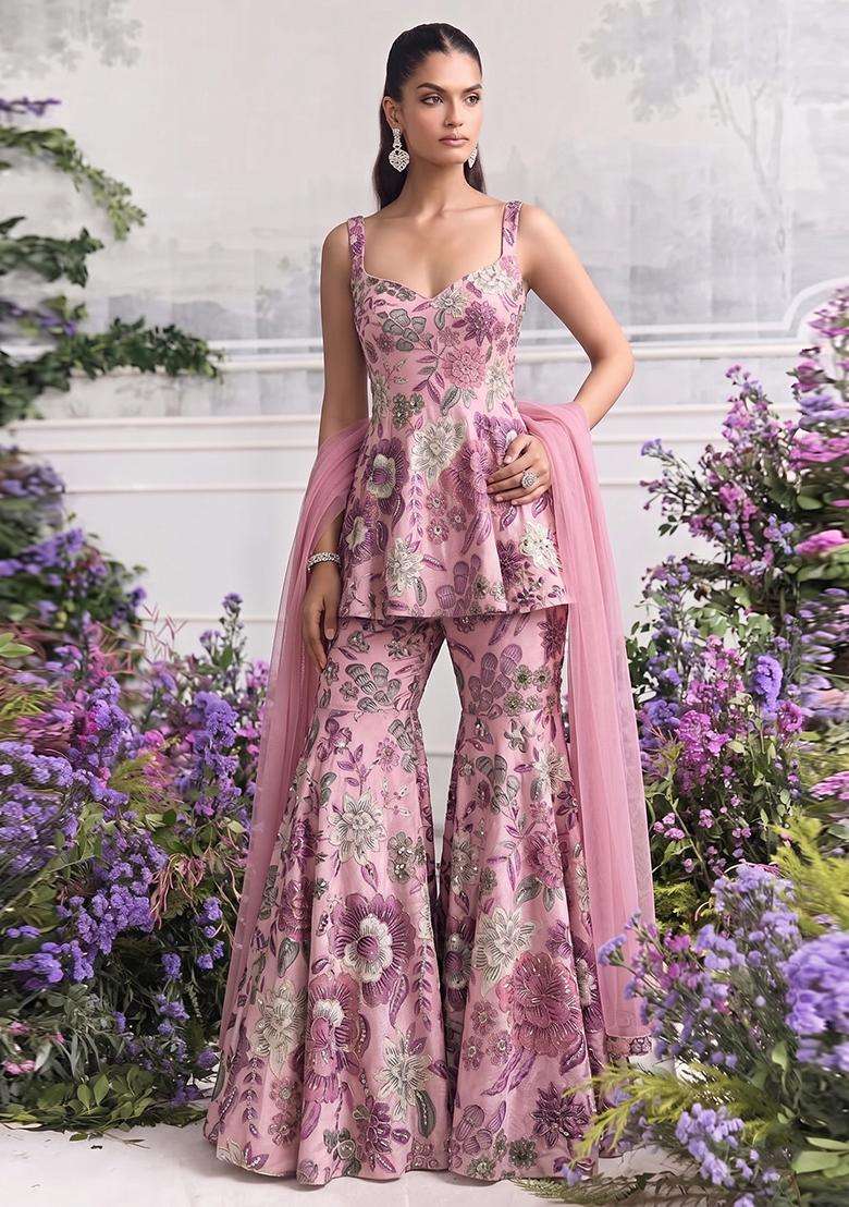 Dusty Pink Printed Chinon Sharara Set - Indya