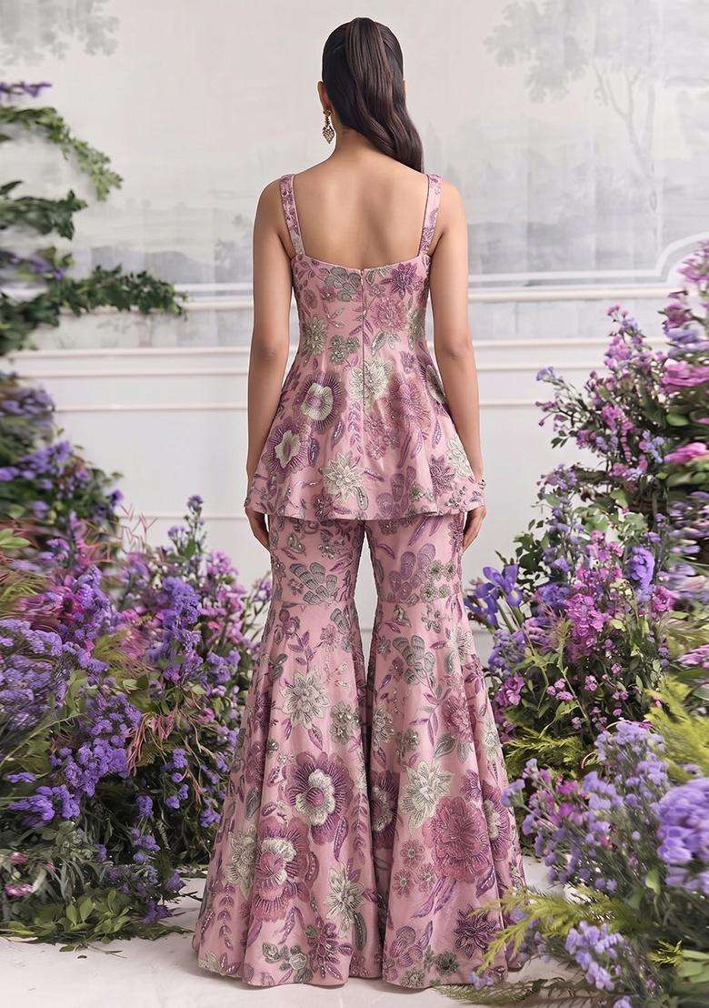 Dusty Pink Printed Chinon Sharara Set - Indya