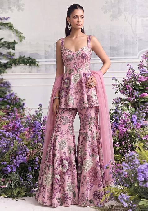 Dusty Pink Printed Chinon Sharara Set