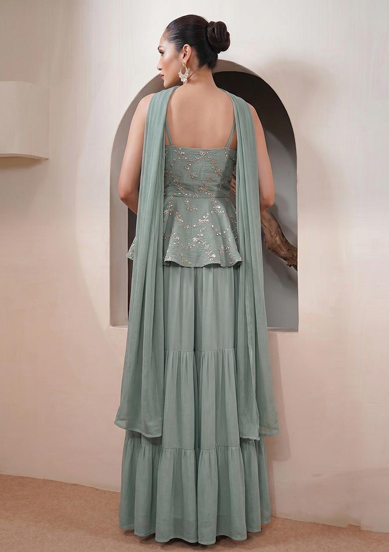 Sage Green Embroidered Chanderi Sharara Set - Indya