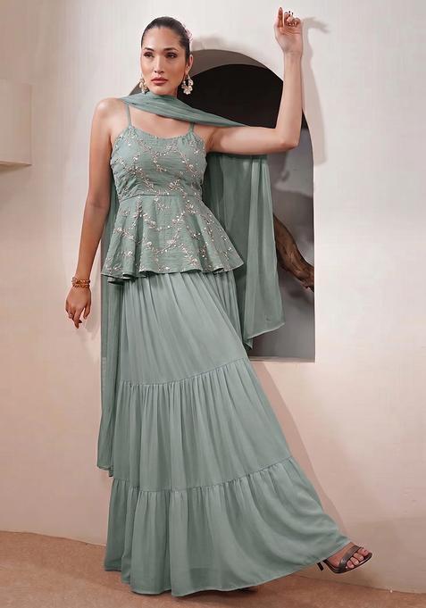 Sage Green Embroidered Chanderi Sharara Set
