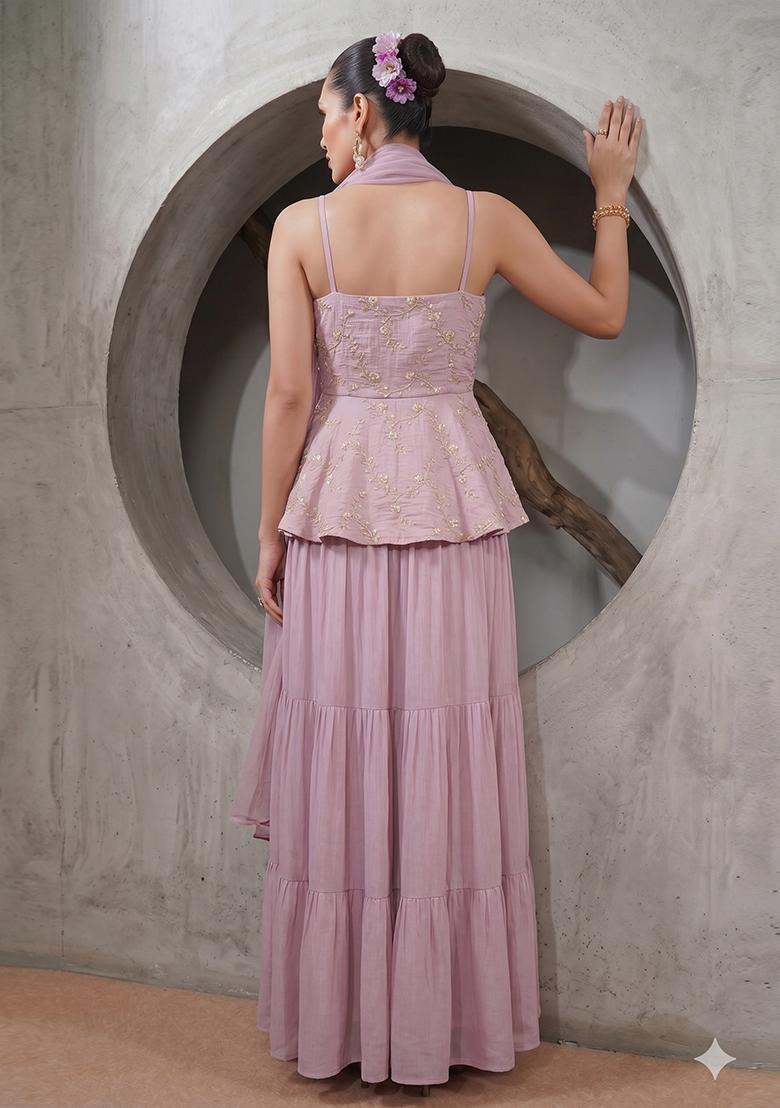 Dusty Pink Embroidered Chanderi Sharara Set - Indya