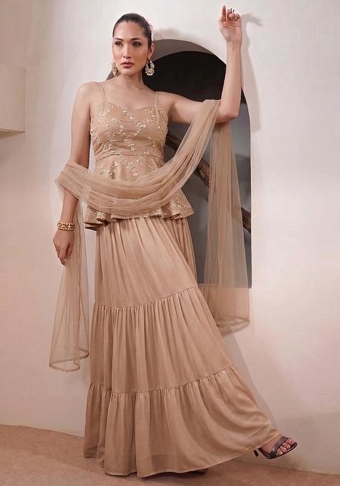 Brown Embroidered Chanderi Sharara Set