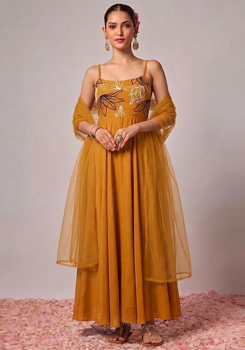 Mustard Yellow Embroidered Chanderi Anarkali With Dupatta