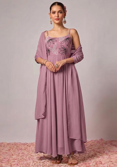 Dusty Mauve Embroidered Chanderi Anarkali With Dupatta