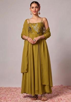 Olive Green Embroidered Chanderi Anarkali With Dupatta