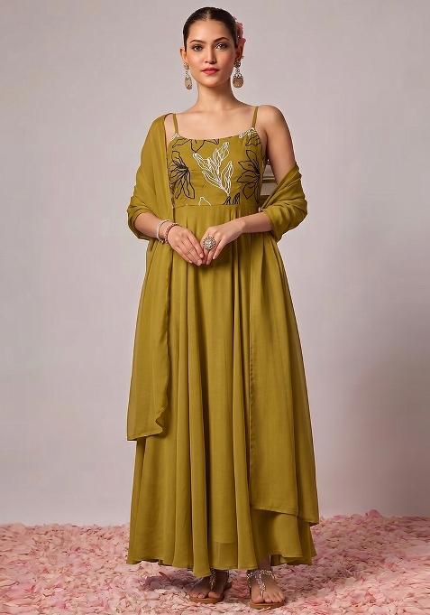 Olive Green Embroidered Chanderi Anarkali With Dupatta