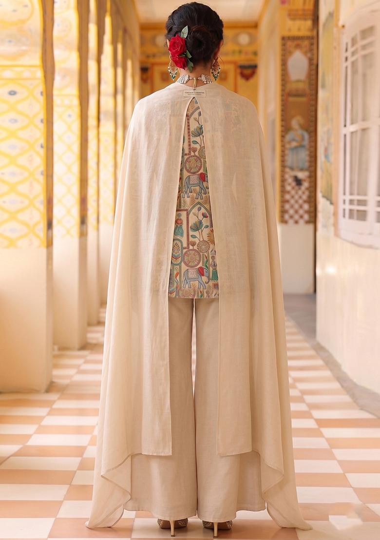Cream White Silk Sharara Set - Indya