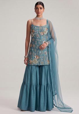 Steel Blue Embroidered Georgette Sharara Set