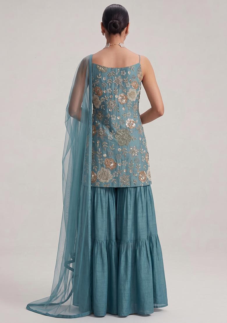 Steel Blue Embroidered Georgette Sharara Set - Indya