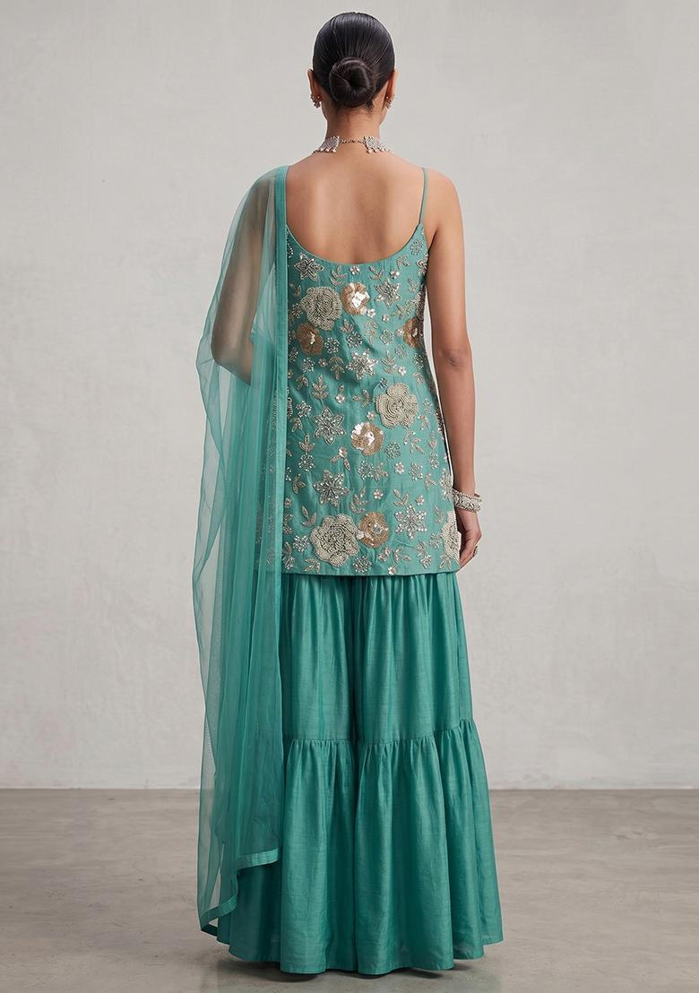 Green Embroidered Georgette Sharara Set - Indya