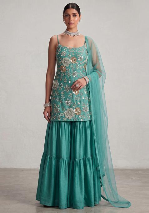Green Embroidered Georgette Sharara Set