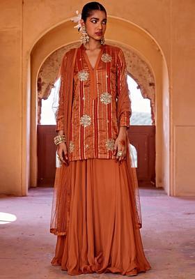 Rust Orange Tissue Sharara Set