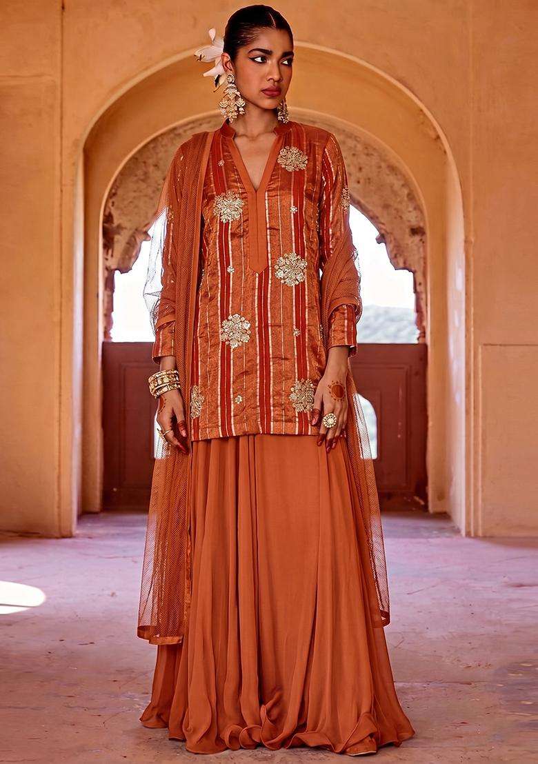 Rust Orange Tissue Sharara Set - Indya