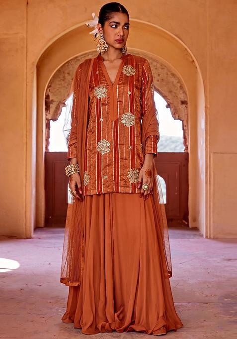Rust Orange Tissue Sharara Set