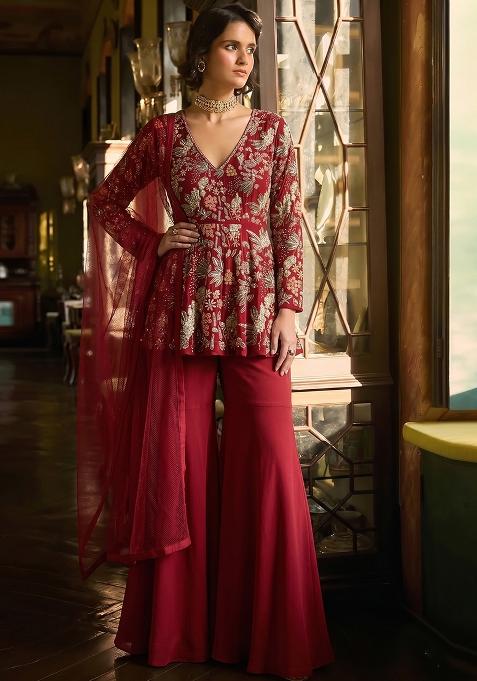 Crimson Red Embroidered Crepe Sharara Set