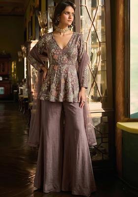 Mauve Embroidered Crepe Sharara Set