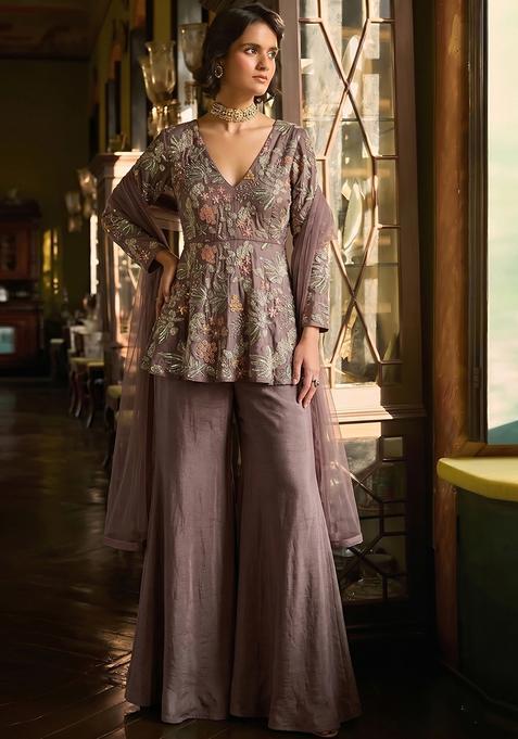 Mauve Embroidered Crepe Sharara Set