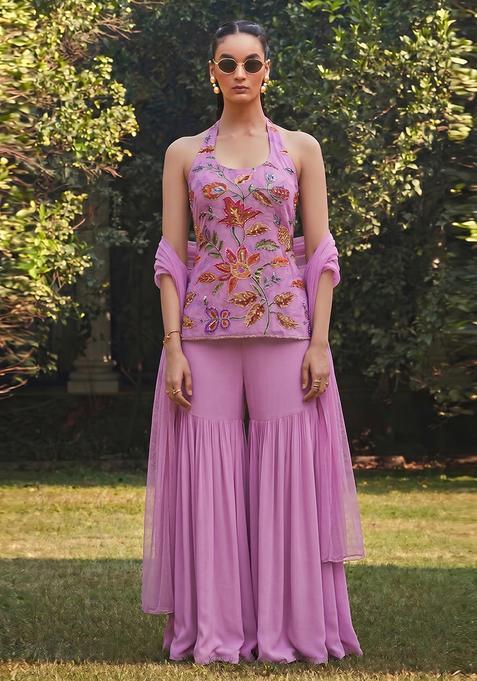 Pink Embroidered Organza Sharara Set