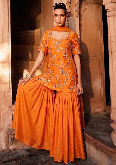 Orange Embroidered Crepe Sharara Set
