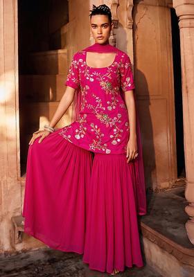 Pink Embroidered Crepe Sharara Set