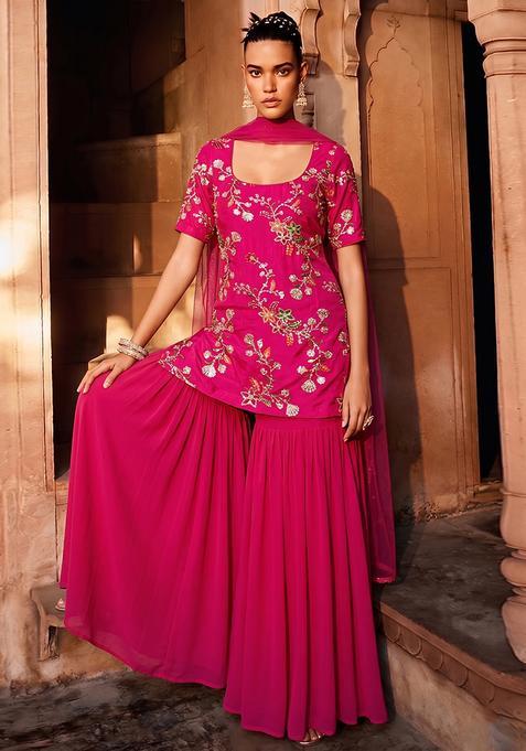 Pink Embroidered Crepe Sharara Set