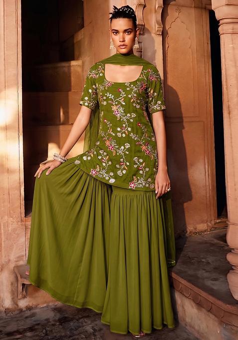 Olive Green Embroidered Crepe Sharara Set