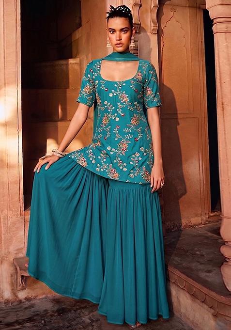 Teal Blue Embroidered Crepe Sharara Set