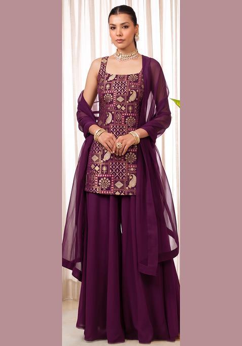 Wine Silk Sharara Set