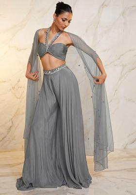 Grey Embroidered Handwork Fusion Set