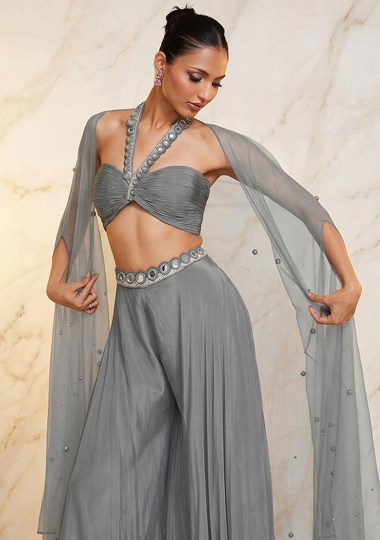 Grey Embroidered Handwork Fusion Set - Indya
