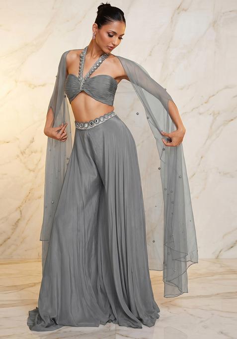 Grey Embroidered Handwork Fusion Set