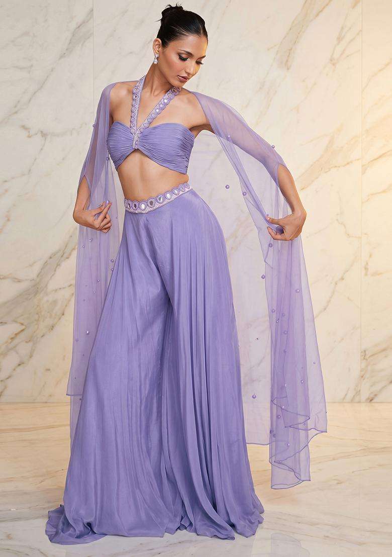 Lavender Embroidered Handwork Fusion Set - Indya
