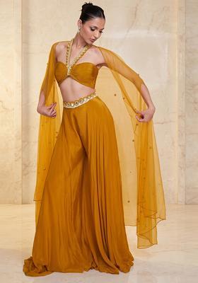 Mustard Yellow Embroidered Handwork Fusion Set