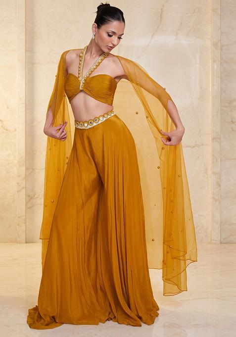 Mustard Yellow Embroidered Handwork Fusion Set