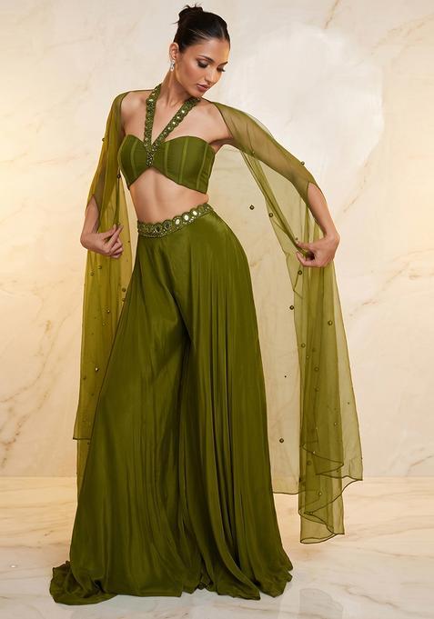 Olive Green Embroidered Handwork Fusion Set